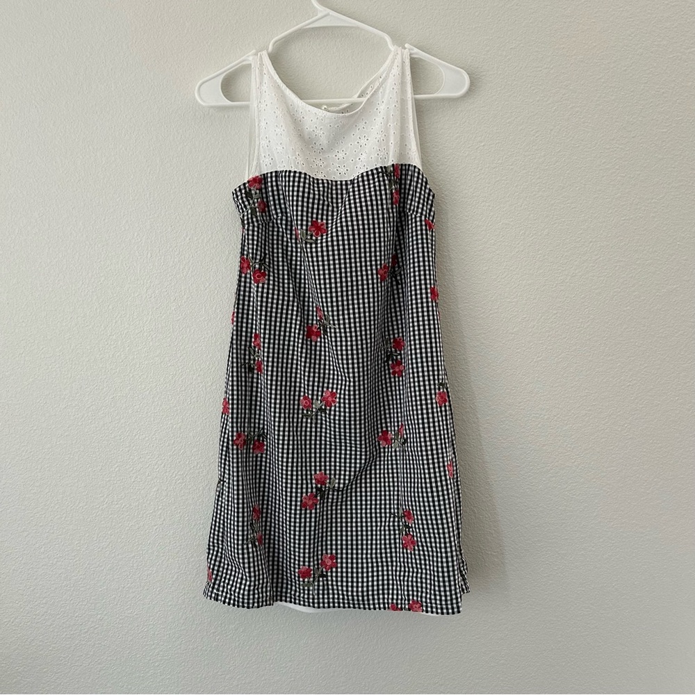 Karl Lagerfeld Black and White Checkered Dress with Red Floral Accents